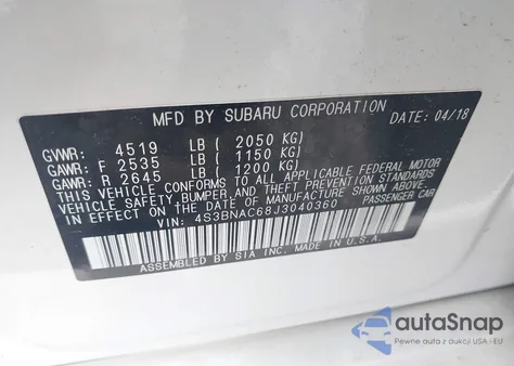 2018 Subaru Legacy 2.5I Premium from USA, damaged, VIN 4S3BNAC68J3040360